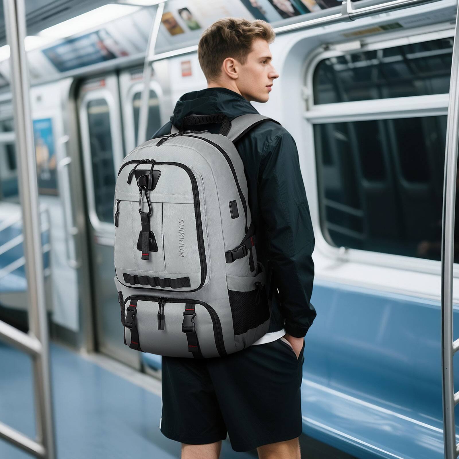 Alt View 6. Unique Bargains - 45L Expandable Travel Backpack with Shoe Compartment, TSA Approved Carry On, Fits 18" Laptop, Water-Resistant - Light Grey.