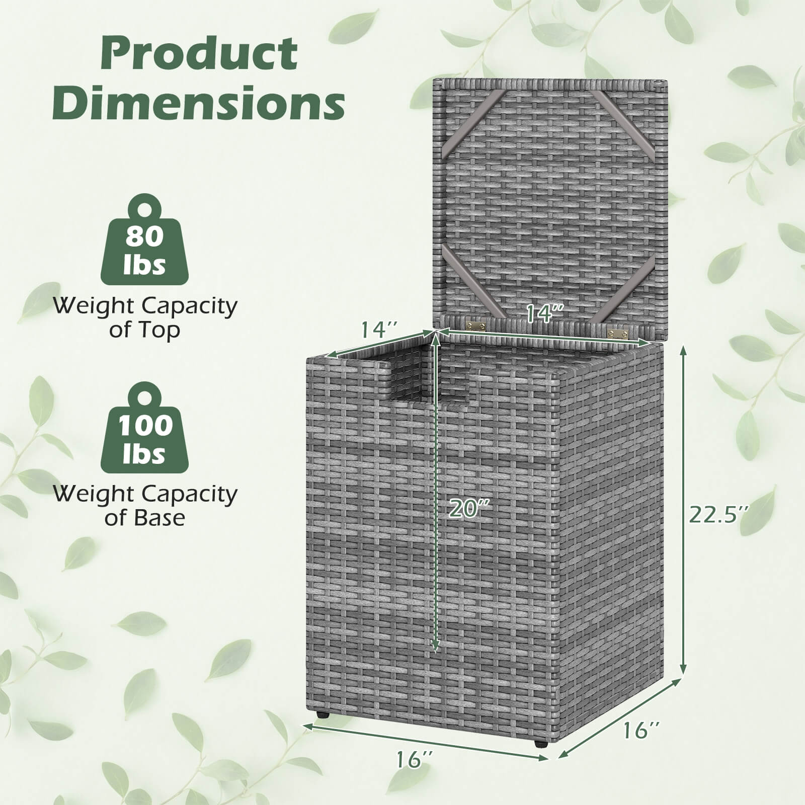 Product Dimensions  
- Weight Capacity of Top: 80 lbs  
- Weight Capacity of Base: 100 lbs  
- Dimensions: 14" x 14" x 20" (top), 16" x 16" x 22.5" (base)