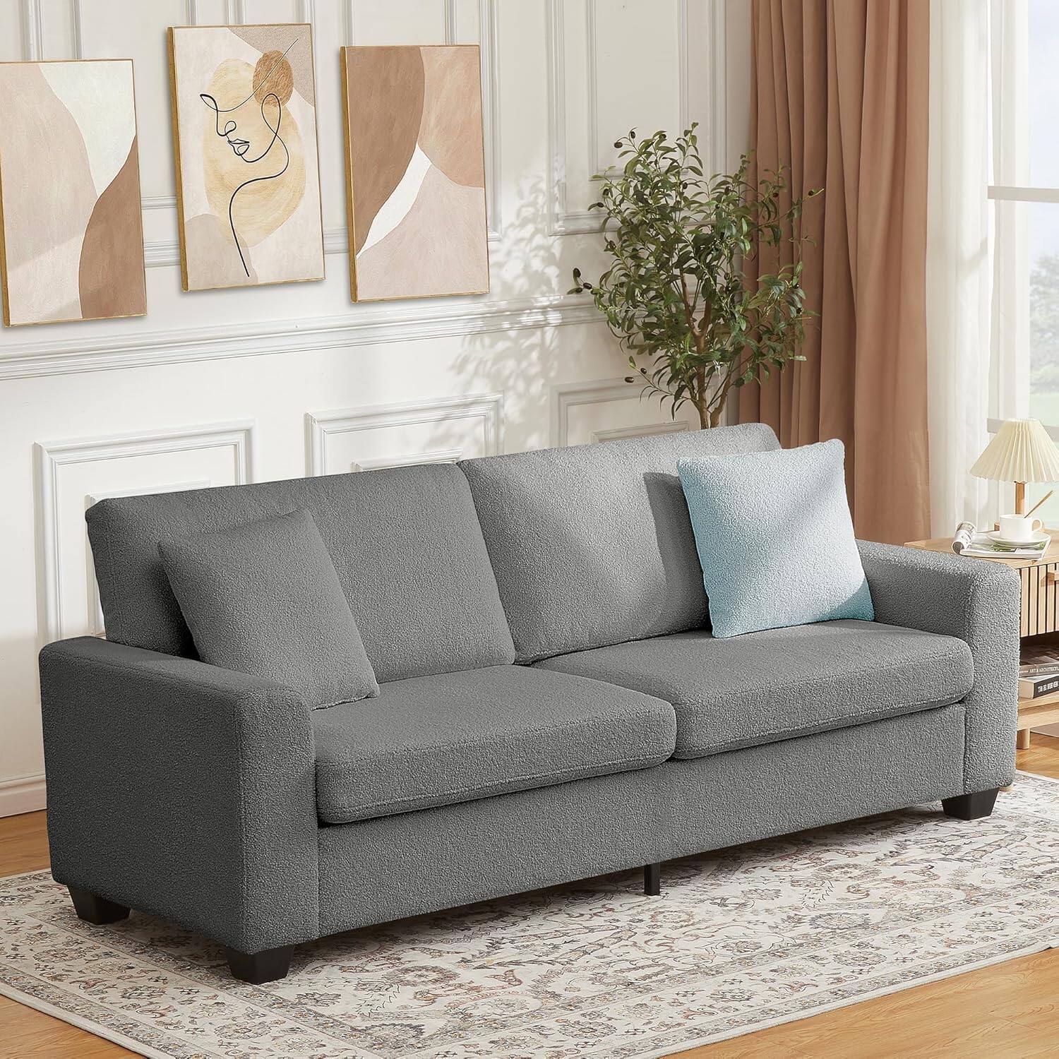 Jojoka - Flash Sale, 90" Velvet 3-Seater Sofa, Oversized Tufted Couch with Wide Armrests & Washable Cushions, Living Room, Grey - Gray