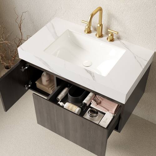 Angle. JUJABU - 36" Floating Bathroom Vanity & Sink, Carrara White Sintered Stone Top & Ceramic Basin - Carrara White.