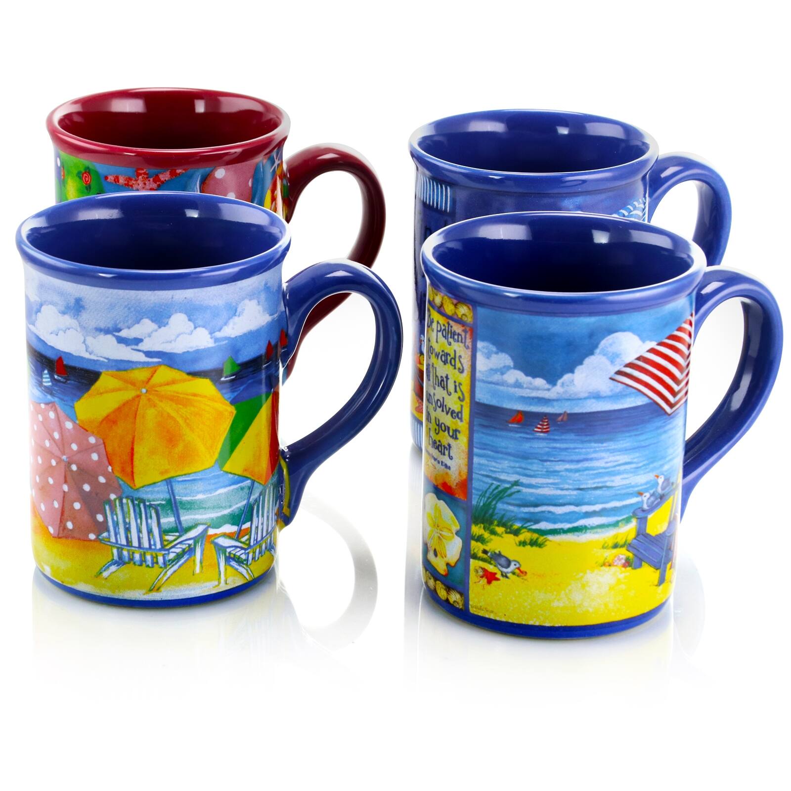 "D palent wadS at S ajolved your heart I" is an incorrect sentence. It seems to be a combination of words without any coherent meaning. The image features two blue mugs with beach scenes on them, and they are placed next to each other.
