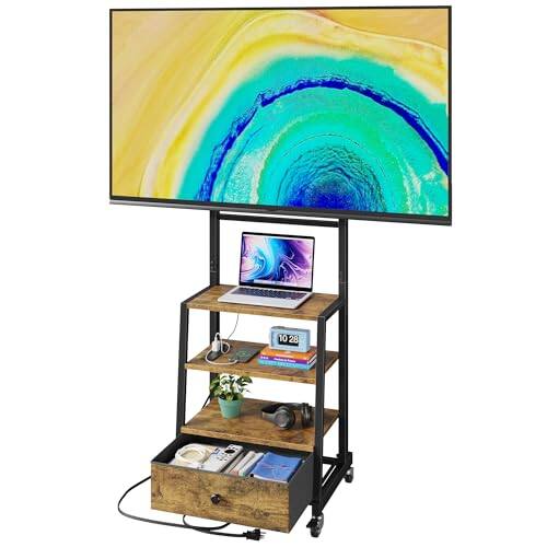 Hirose Alice - Rolling Tv Stand With Wheels And Mount & Fabric Drawer - Entertainment Center Power Outlet Small For Bedroom L - Rustic Brown-18"W (for 32-75" TV)