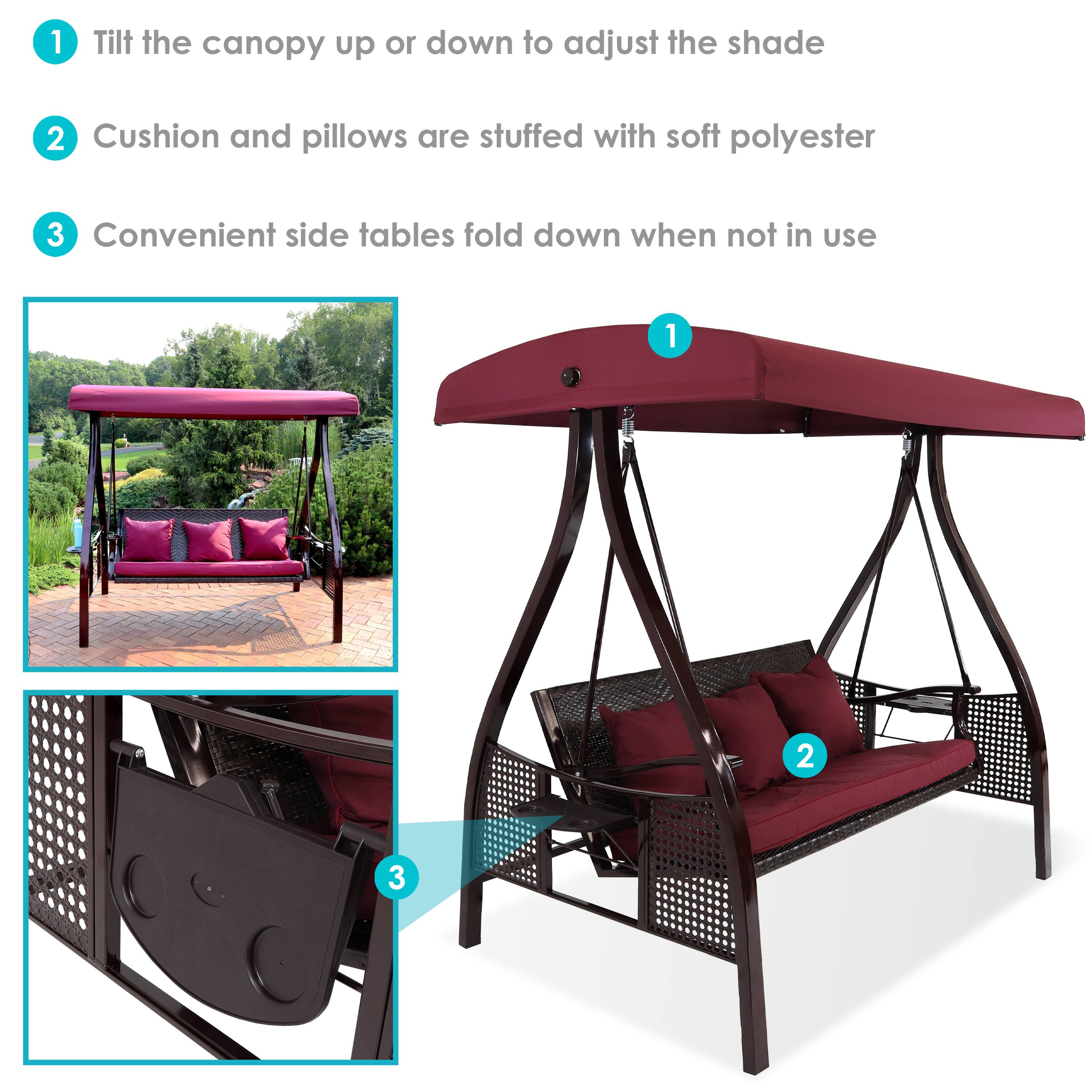 1. Tilt the canopy up or down to adjust the shade.
2. Cushion and pillows are stuffed with soft polyester.
3. Convenient side tables fold down when not in use.
