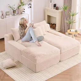AENKYO - Oversized Boneless Sofa Bed Double Chaise Lounge Sofa Indoor Loveseat Sleeper,Sectional Floor Chair for Living Room - Beige