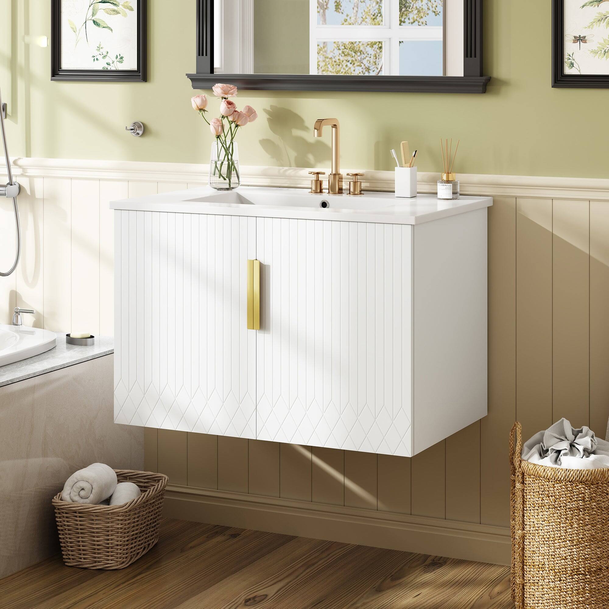 Alt View 2. Boyel Living - 30 Inch Vintage Wall Mounted Bathroom Vanity with Ceramic Sink Dual Doors White - White.