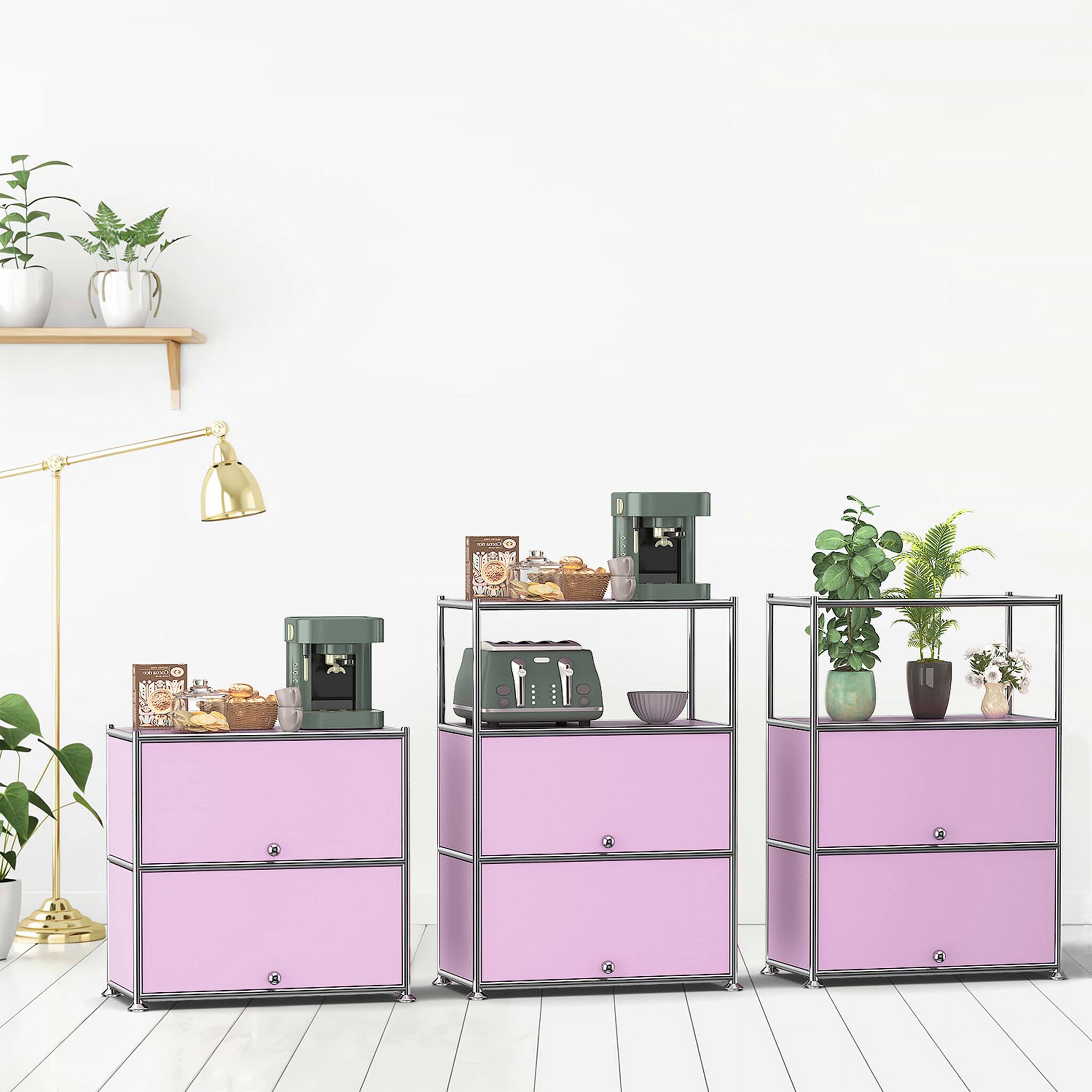Alt View 5. Malletson - 3-Tier Metal Sideboard Buffet Storage Cabinet Modern Grid-Style, for Dining Room, Living Room or Office - Pink.