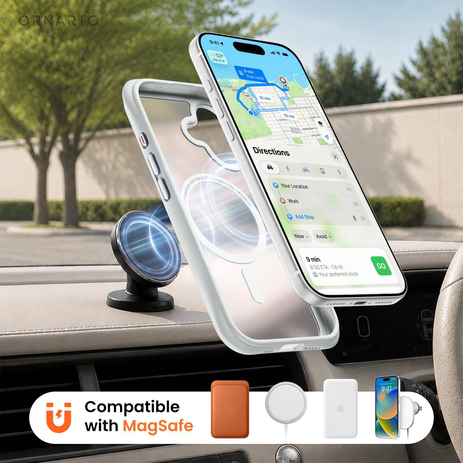 ORNARTO 94T 52 MAVE - Tua 1da g 10 - 1 - WOA 1 Directions  
X ath I ceugrigg Nre CRNART I Your Location Work Add Stop Now Avoid 9 min 9:50 ETA 18 m 4 Your preterzed toe GO Compatible with MagSafe 9:41