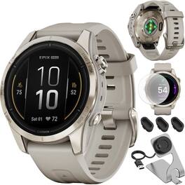 Bundle - Garmin - epix Pro (Gen 2) Sapphire Edition 47mm Fiber-Reinforced Polymer + Charging Dock Accessory Package - Soft Gold with Light Sand Band - (2024)