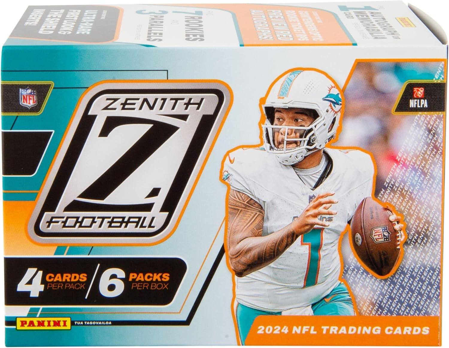 1. Inserts the shield first, looking ultra-rare parallels rookies NFL Zenith Z. Football cards / packs 4 per pack 6 per box. Panini Tua Tagovailoa previous auto, red M070. NFLPA Zenith Z. 2024 NFL trading cards.

2. Zenith Football
   - 4 cards per pack
   - 6 packs per box
   - 2024 NFL trading cards
   - Panini Tua Tagovailoa
