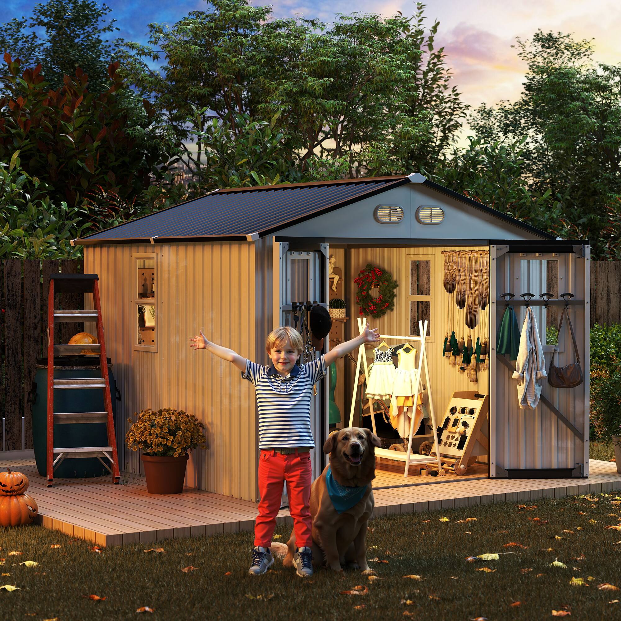 Alt View 4. Loheer - Loheer 8x8 Outdoor Storage Shed White Metal Garden Shed with Lockable Doors and Daylight Windows.
