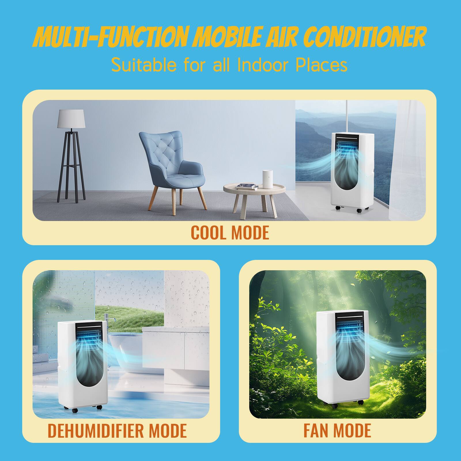 MULTI-FUNCTION MOBILE AIR CONDITIONER  
Suitable for all Indoor Places  

COOL MODE  
DEHUMIDIFIER MODE  
FAN MODE