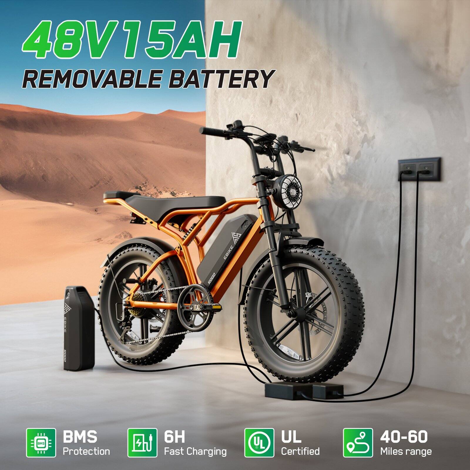 48V 15AH REMOVABLE BATTERY

- BMS Protection
- 6H Fast Charging
- UL Certified
- 40-60 Miles range
