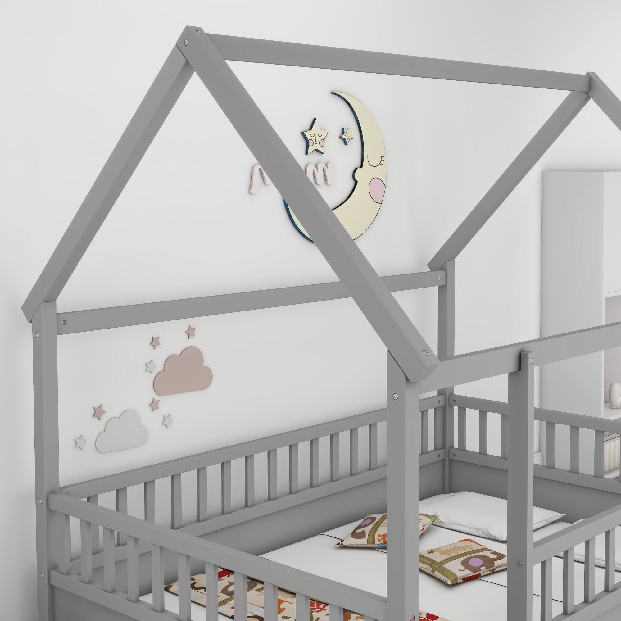 Angle. GOODSILO - Full Size Floor Bed with Decorative House Roof Frame and Safety Guardrails for Children's Bedroom - Grey.