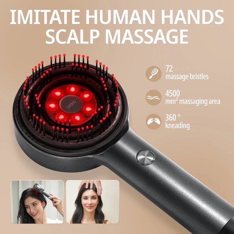 IMITATE HUMAN HANDS SCALP MASSAGE

- 72 massage bristles
- 4500 mm² massaging area
- 360° kneading