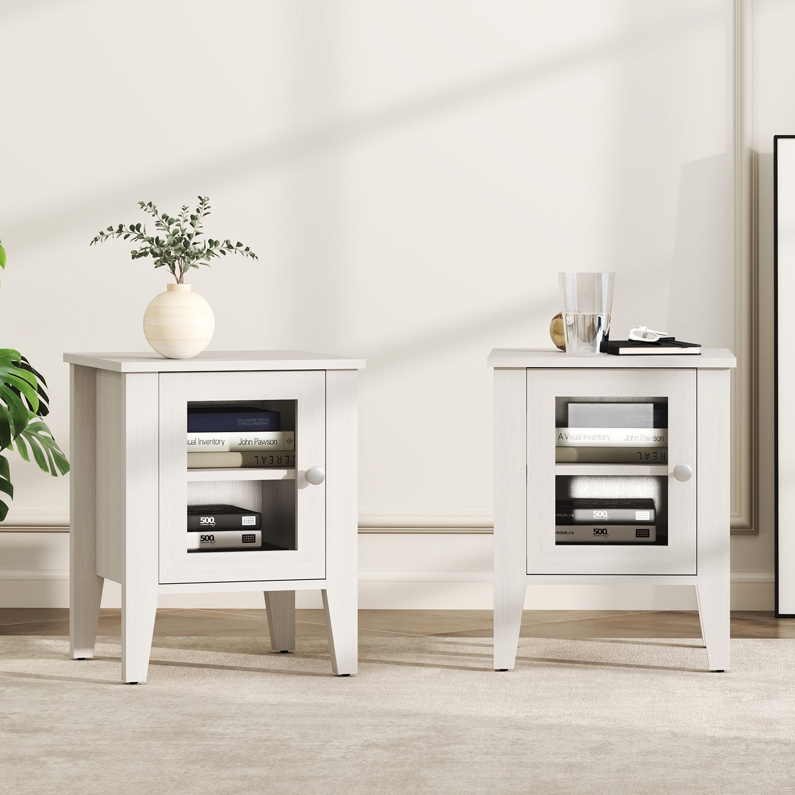 Bestier - Side Table with Acrylic Door Storage Cabinet, Modern End Table with Handle for Living Room or Bedroom - White