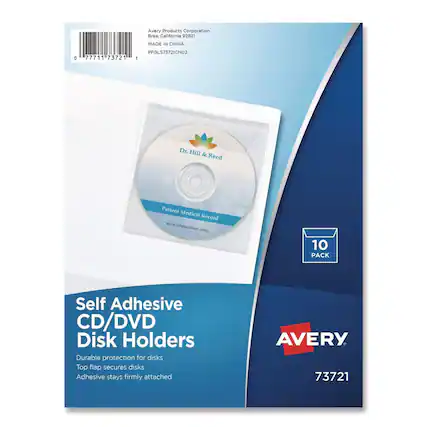 Avery Products Corporation
Brea, California 92821
MADE IN CHINA
PFGLS73721CNO2
Dr. Hill & Reed
Patient Medical Record
www.drhillandreed.entity
Self Adhesive CD/DVD Disk Holders
Durable protection for disks
Top flap secures disks
Adhesive stays firmly attached
10 PACK
AVERY
73721