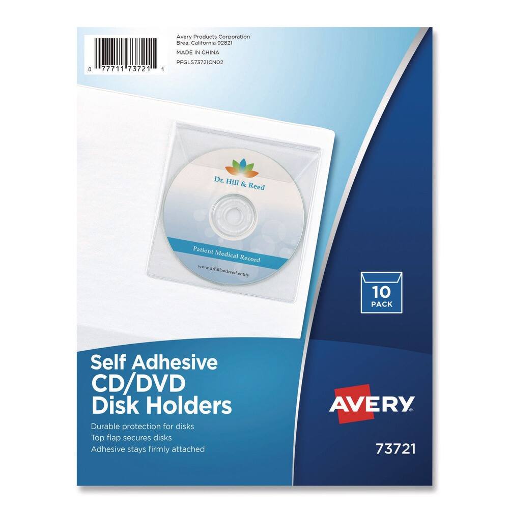 Avery Products Corporation  
Brea, California 92821  
MADE IN CHINA  
PFGLS73721CNO2  

Dr. Hill & Reed  
Patient Medical Record  
www.drhillandreed.entity  

Self Adhesive CD/DVD Disk Holders  
Durable protection for disks  
Top flap secures disks  
Adhesive stays firmly attached  

10 PACK  

AVERY  
73721