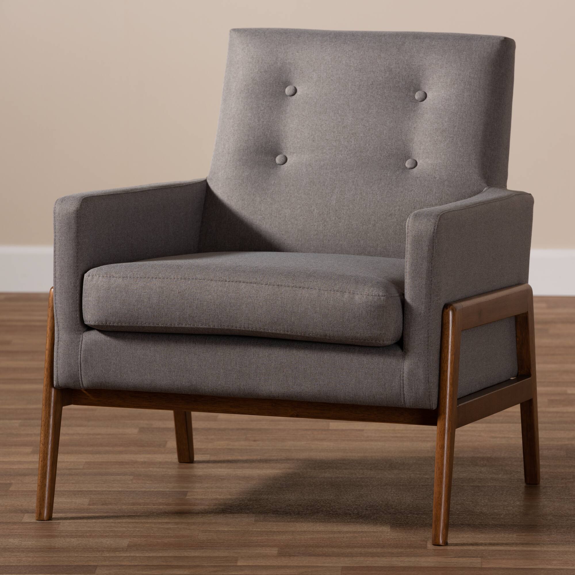 Alt View 4. Baxton Studio - Perris Mid-Century Modern Fabric Upholstered Walnut Wood Lounge Chair - Grey.