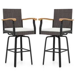 Gymax - 2 PCS Outdoor Rattan 360 degree Swivel Bar Stool w/ Removable Cushion Footrests - White