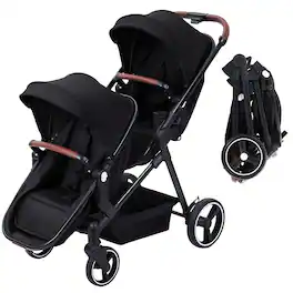 GARVEE - Foldable Tandem Stroller for Newborn & Toddler with Reversible Seat - Black