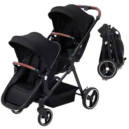Front. Qeetex - Tandem Twin Stroller with Reversible Seat, Fits Newborn and Toddler - Black.