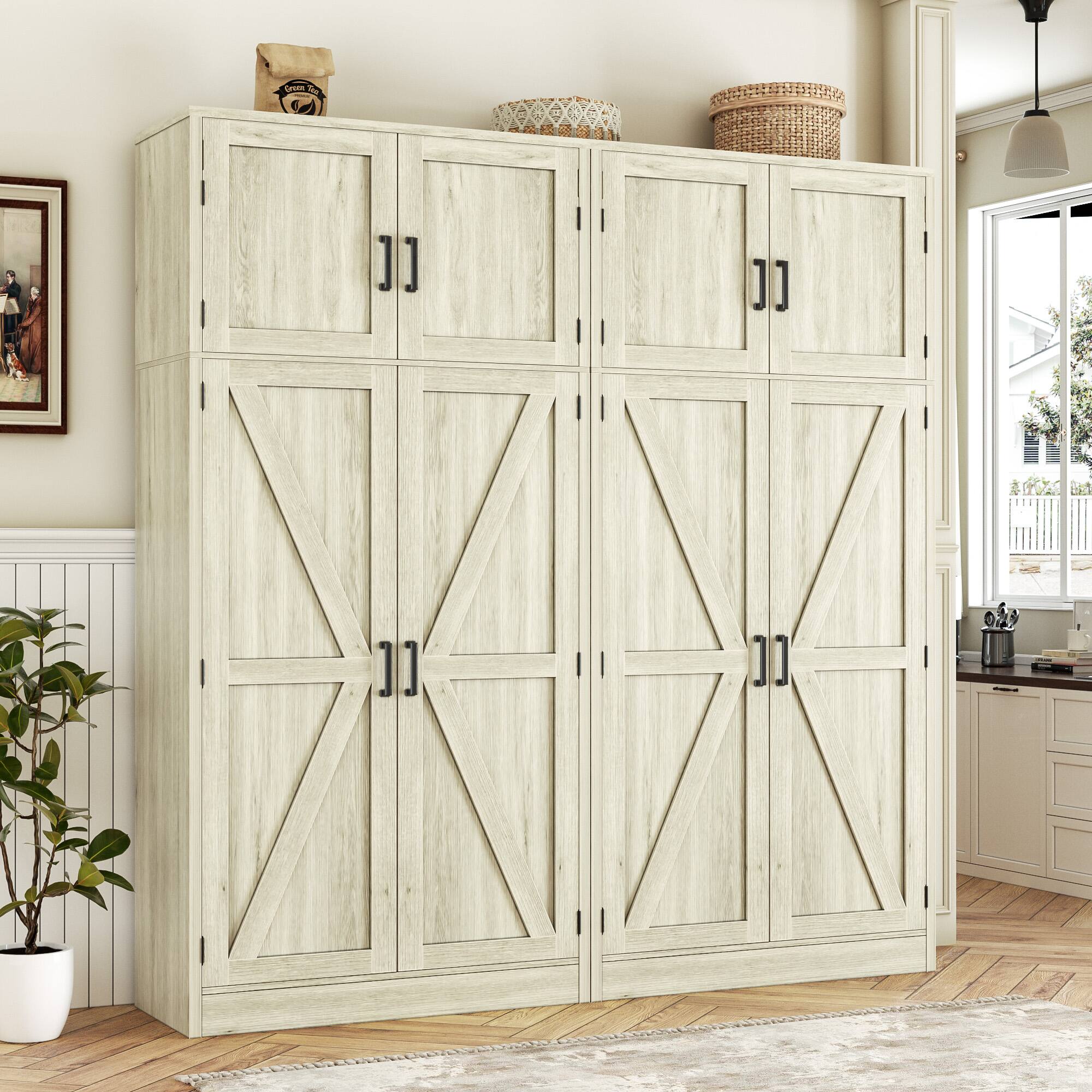 Alt View 3. Aheaplus - 2-Pack 71" Tall Farmhouse Storage Cabinets: Barn Doors, Adjustable Shelves, for Dining Room,Ships in 2 Packages - White Oak.