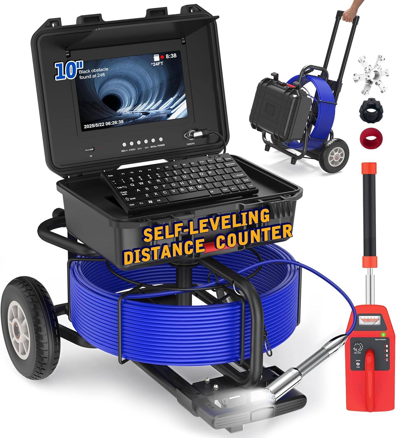 Front. Aukfa - Sewer Camera with Locator - 10" HD Borescope, Self-Leveling, IP68, 250Ft 7MM Cable, DVR, 5X Zoom.