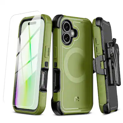 Front. Mybat Pro - MyBat Pro Maverick Series MagSafe Case w/ Holster and Tempered Glass for Apple iPhone 17 - Army Green - Green.