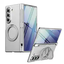 Dteck - for Samsung Galaxy Z Fold5 Matte Hard PC Case,Shockproof Hinge Cover with Ring Stand+Stylus Bulit in Tempered Glass Film - Silver
