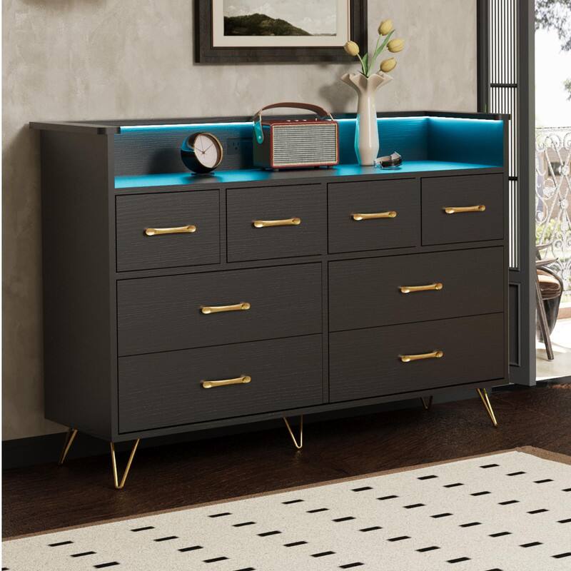 Front. Qeetex - Modern 8 Drawer Dresser, Wood Chest with Power Outlets, LED Lights, Open Storage, Gold Handles - Black.