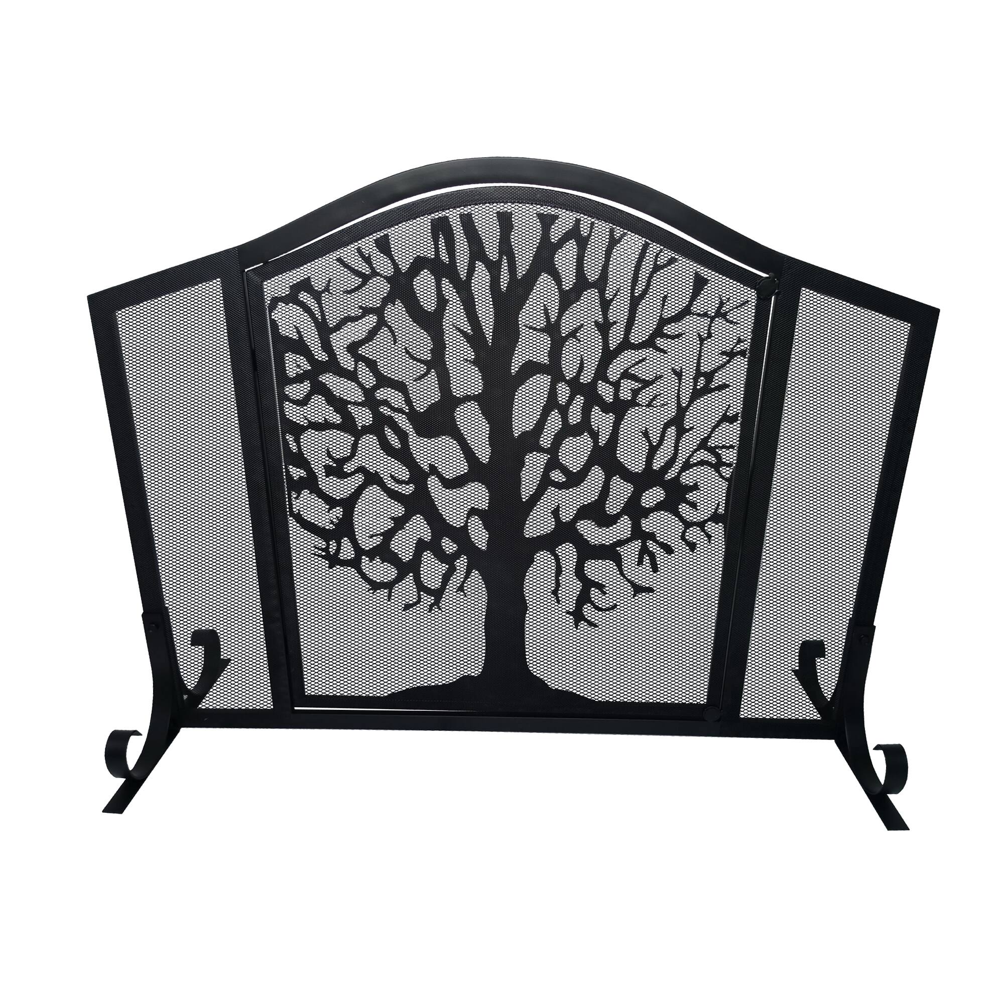 Alt View 1. Manhattan Lane - 43 Inches 3 Panel Iron Fireplace Screen, Mesh Design, Arched Top, Tree of Life Art - Black.