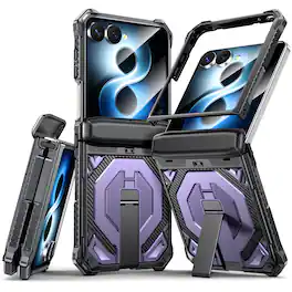 Dteck - Heavy Duty Rugged Magnetic Case For Samsung Galaxy Z Flip8, Foldable Kickstand Shockproof Hinge Protection Cover - Purple