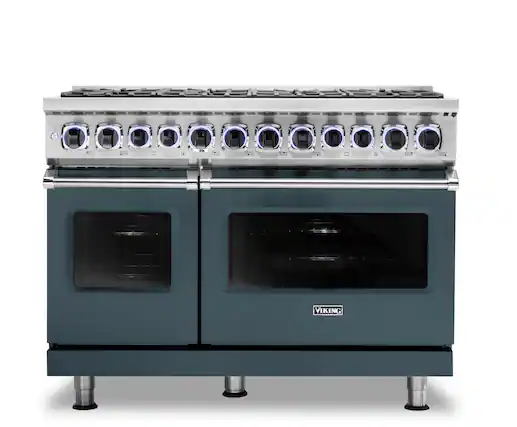 The image features a large blue oven with a stainless steel top and a row of 12 oven lights. The oven is likely a Viking brand, as the text on the image suggests. The oven is designed for commercial use and has a stainless steel finish, making it suitable for professional kitchens. The oven lights provide illumination for the interior, ensuring even cooking and easy access to the oven's interior.