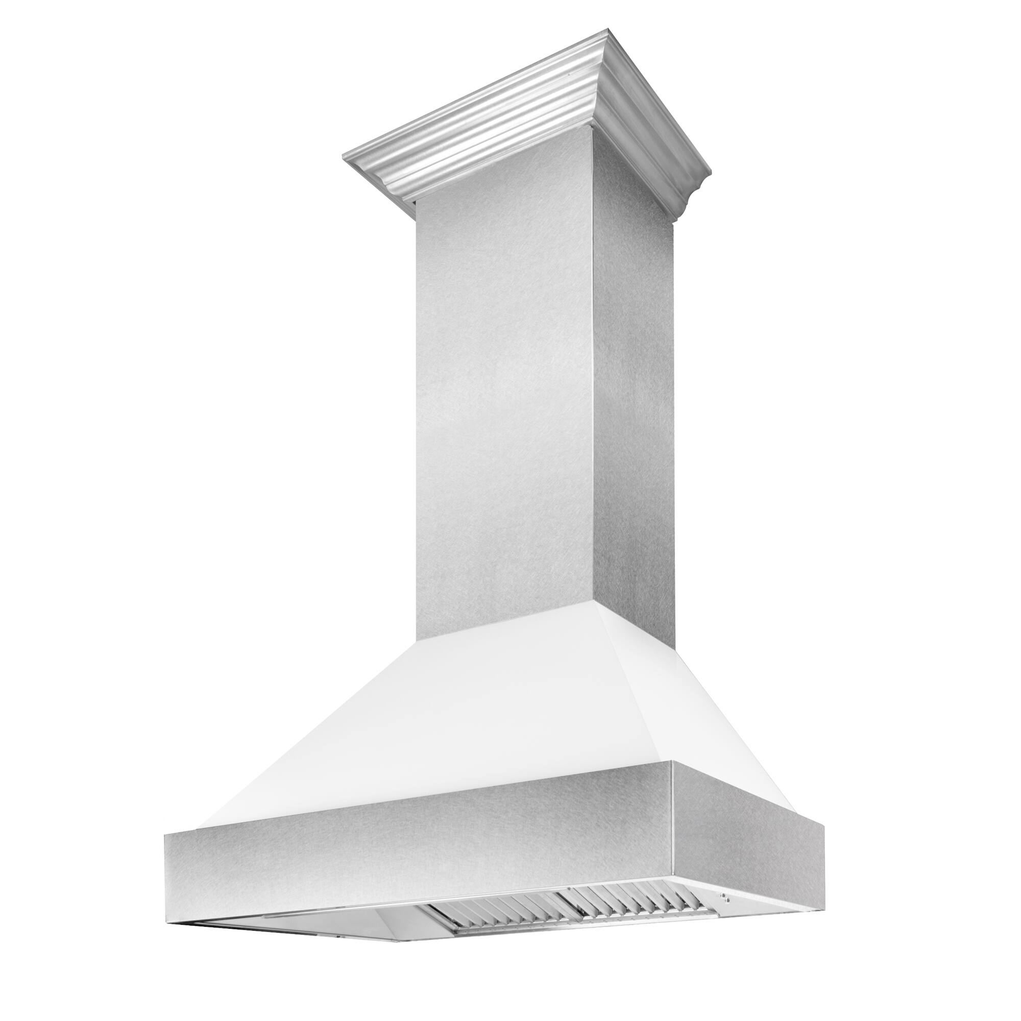 Angle. ZLINE - ZLINE 30 in. Ducted Satin Stainless Steel Wall Mount Range Hood with White Matte Shell - Silver.
