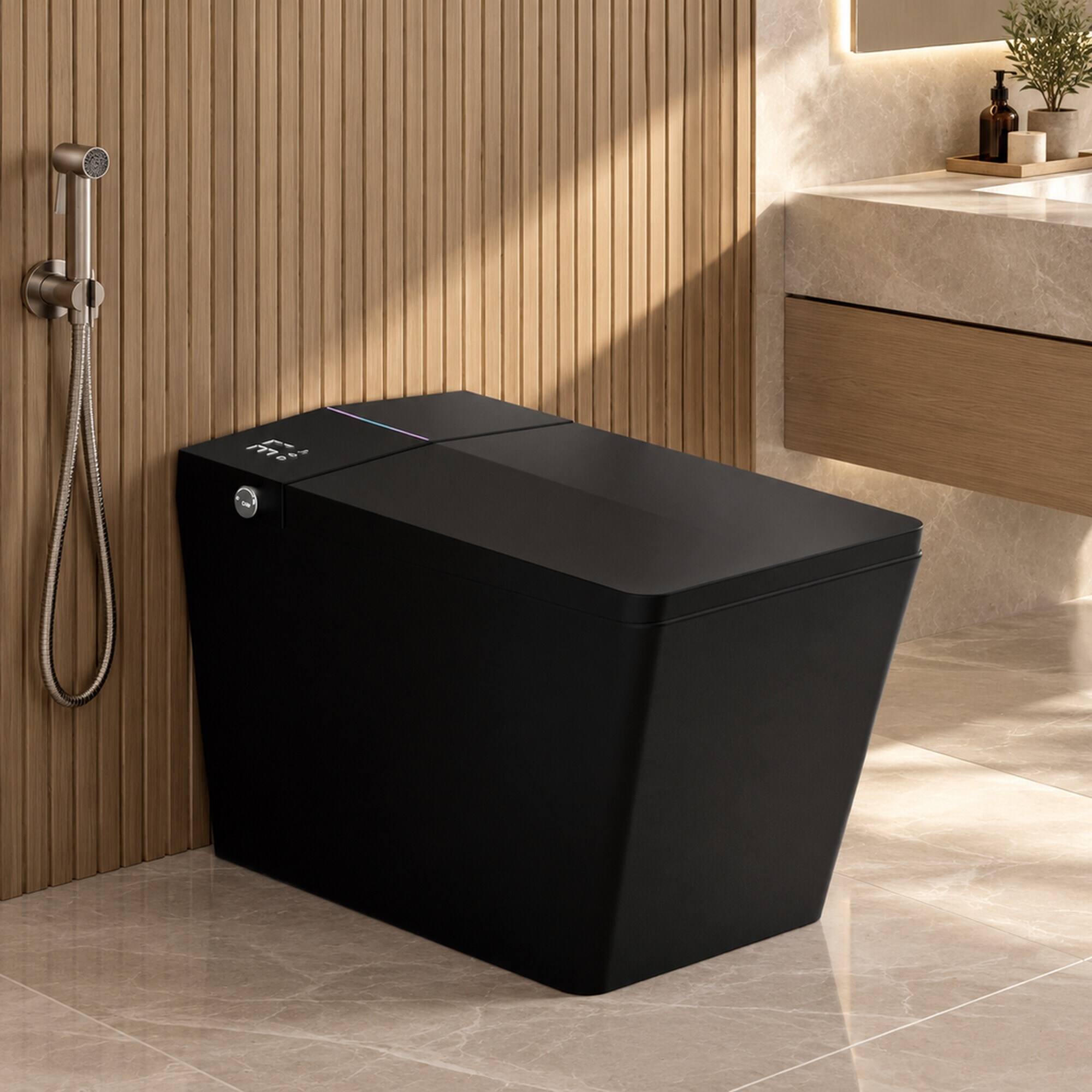 Angle. RYHNUYNE - Square Matte Black Smart Bidet Toilet, Built-in Tank Remote Foot Touch Auto Flush Heated Seat LED Display User Memory - Matte Black.