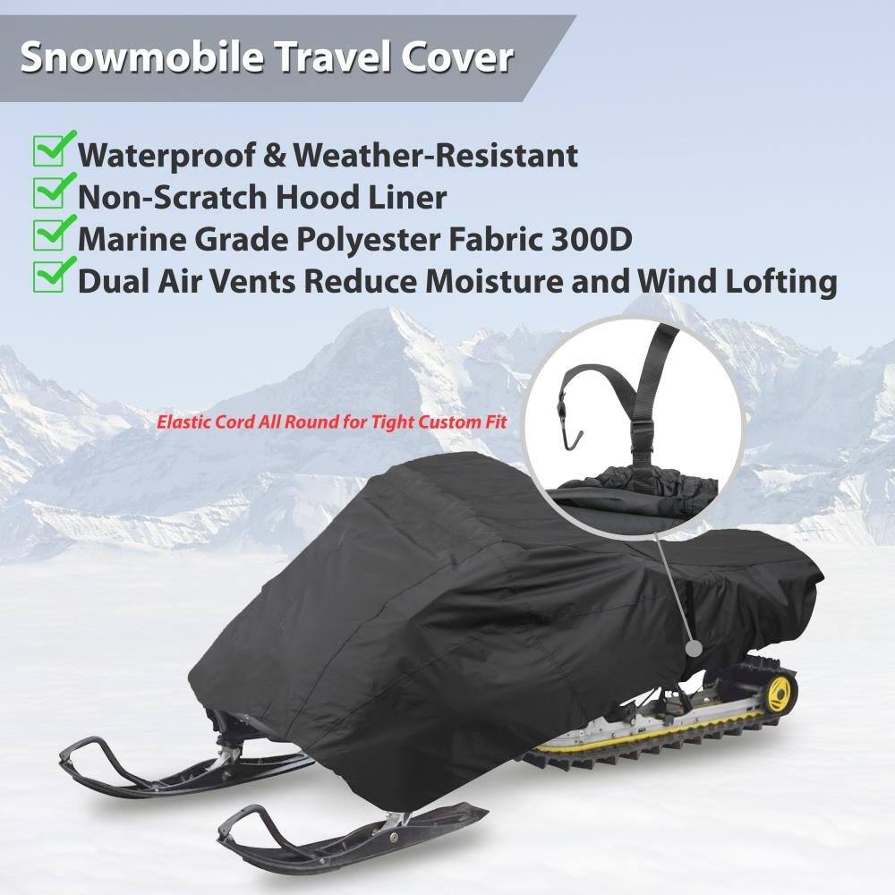 Snowmobile Travel Cover Waterproof & Weather-Resistant Non-Scratch Hood Liner Marine Grade Polyester Fabric 300D Dual Air Vents Reduce Moisture and Wind Lofting Elastic Cord All Round for Tight Custom Fit