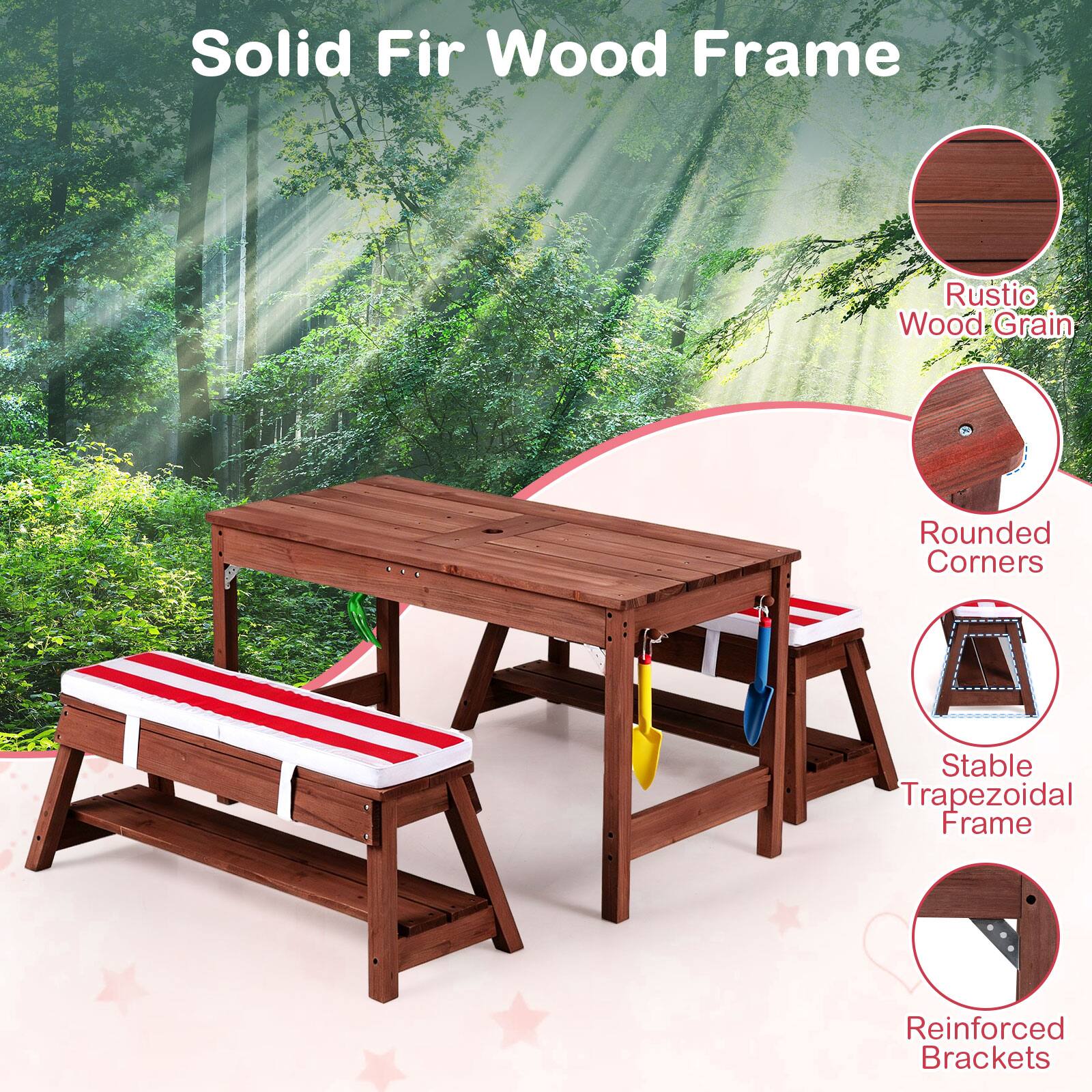 Solid Fir Wood Frame  
Rustic Wood Grain  
Rounded Corners  
Stable Trapezoidal Frame  
Reinforced Brackets