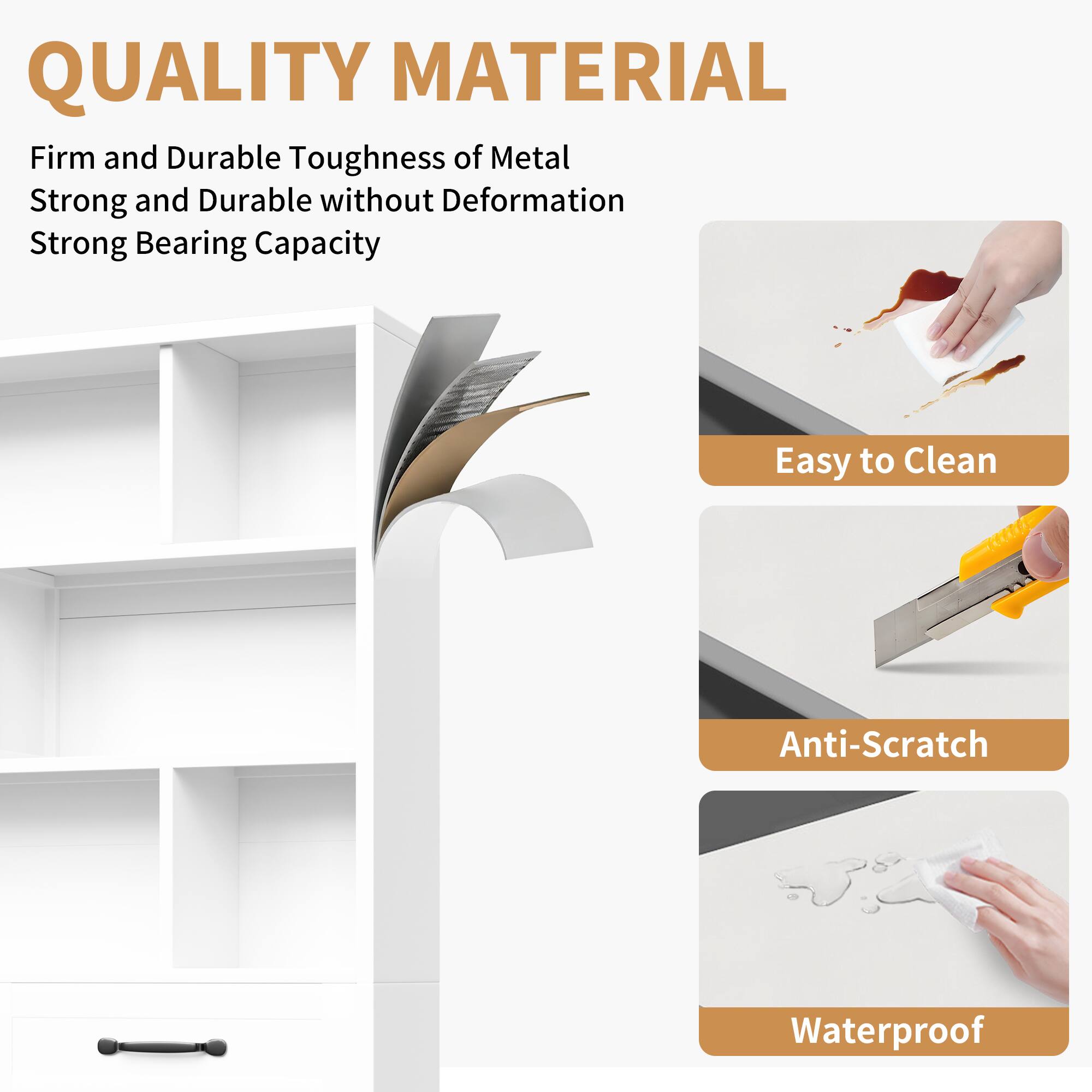 QUALITY MATERIAL

Firm and Durable Toughness of Metal  
Strong and Durable without Deformation  
Strong Bearing Capacity

- Easy to Clean
- Anti-Scratch
- Waterproof