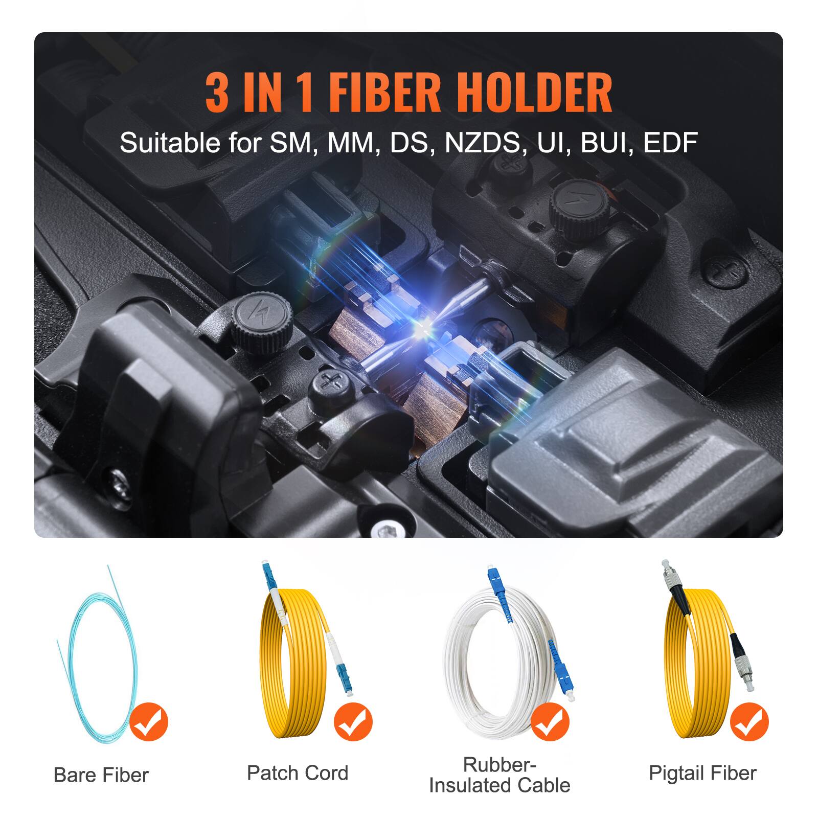 3 IN 1 FIBER HOLDER  
Suitable for SM, MM, DS, NZDS, UI, BUI, EDF  

- Bare Fiber  
- Patch Cord  
- Rubber-Insulated Cable  
- Pigtail Fiber
