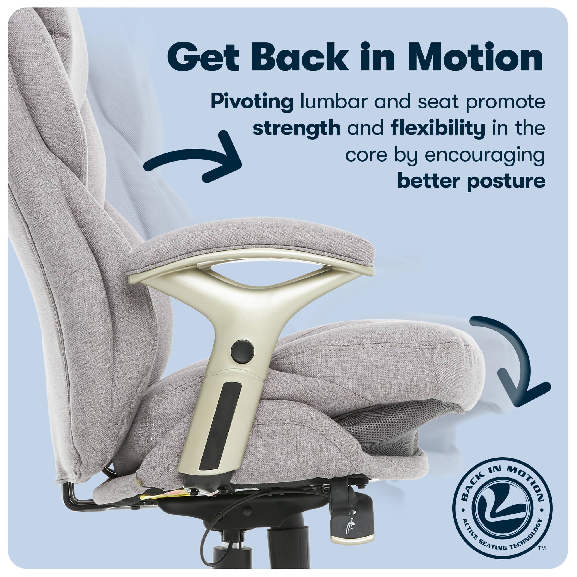 The image features a chair with a unique design that promotes strength and flexibility in the core by encouraging better posture. The chair is equipped with an Active Technology Seating system, which helps users get back in motion by pivoting the lumbar and seat. The chair is described as having a "Get Back in Motion" feature, which is likely the main selling point of this product. The chair is designed to improve posture and provide better support for the user, making it an ideal choice for those who spend long hours sitting.