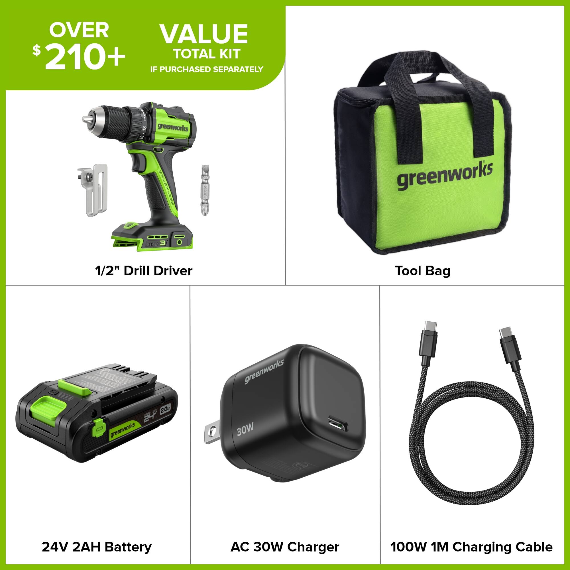 OVER VALUE $210+ TOTAL KIT IF PURCHASED SEPARATELY

greenworks
1/2" Drill Driver
Tool Bag
24V 2AH Battery
AC 30W Charger
100W 1M Charging Cable