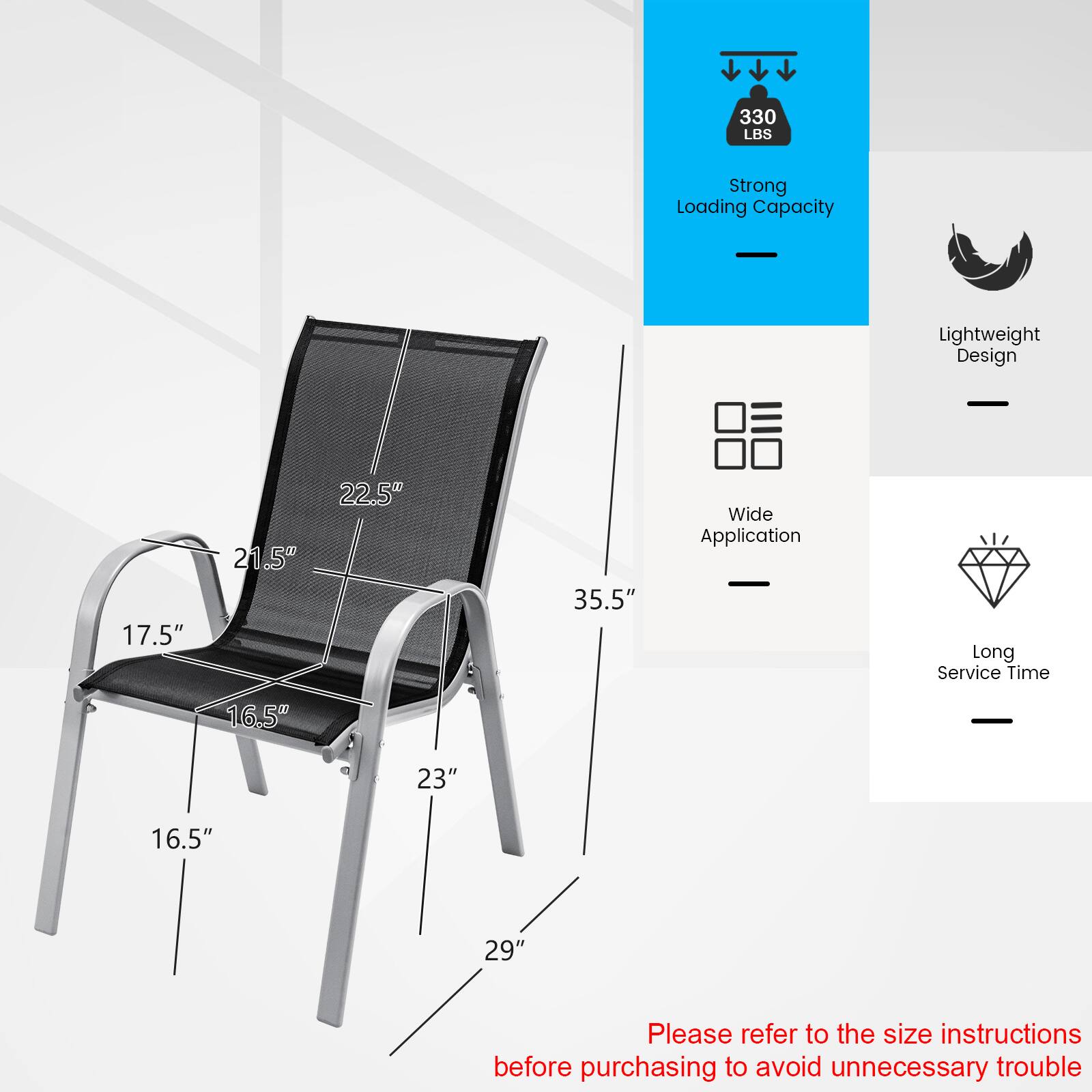 330 LBS Strong Loading Capacity  
Lightweight Design  
Wide Application  
Long Service Time  

17.5"  
16.5"  
21.5"  
22.5"  
23"  
29"  
35.5"  

Please refer to the size instructions before purchasing to avoid unnecessary trouble