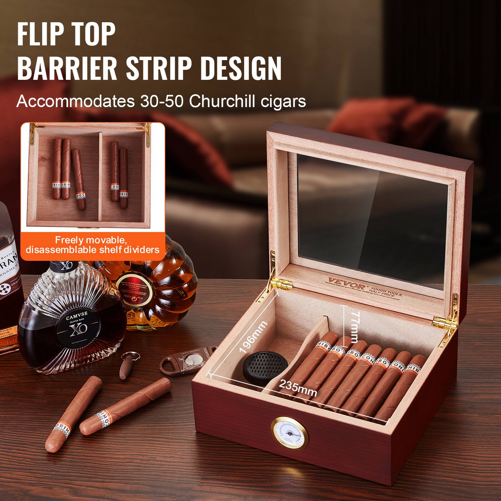FLIP TOP BARRIER STRIP DESIGN  
Accommodates 30-50 Churchill cigars  

Freely movable, disassemblable shelf dividers  

96mm  
77mm  
235mm  

VEVOR  
1968