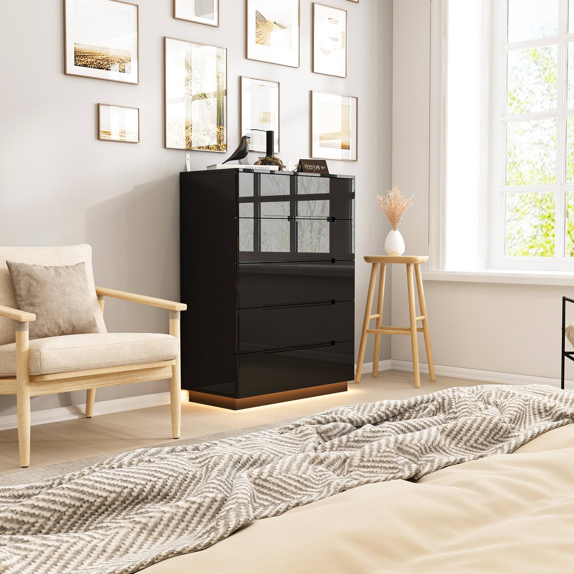 Alt View 8. FUFU & GAGA - FUFU&GAGA High - Gloss Vertical Dresser with LED Base Lighting – Elevate Your Space - Black.