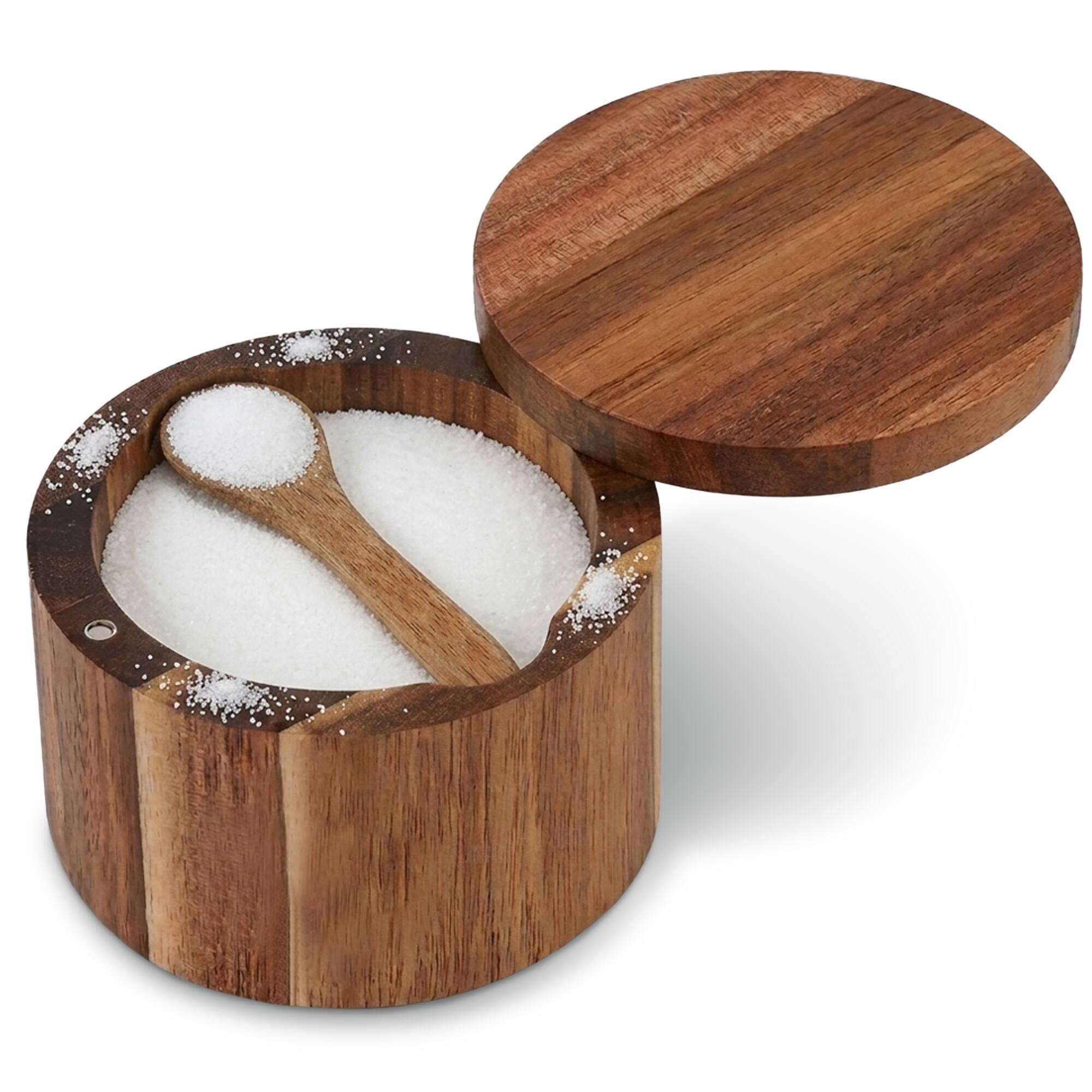 Front. Cheer Collection - Acacia Wood Salt Cellar with Magnetic Swivel Lid and Spoon, 3.7-Inch Round - Brown.