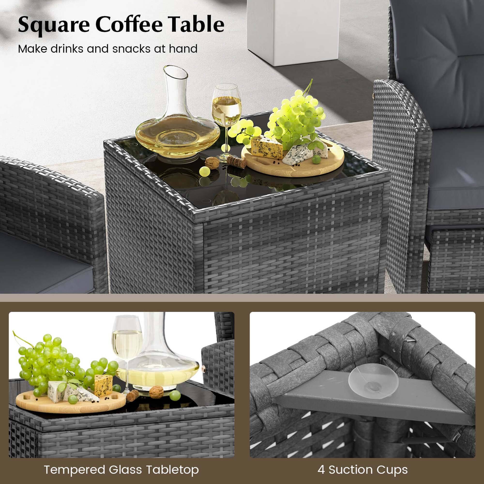 Square Coffee Table: Make drinks and snacks at hand with this tempered glass tabletop that comes with 4 suction cups for easy placement on any surface.