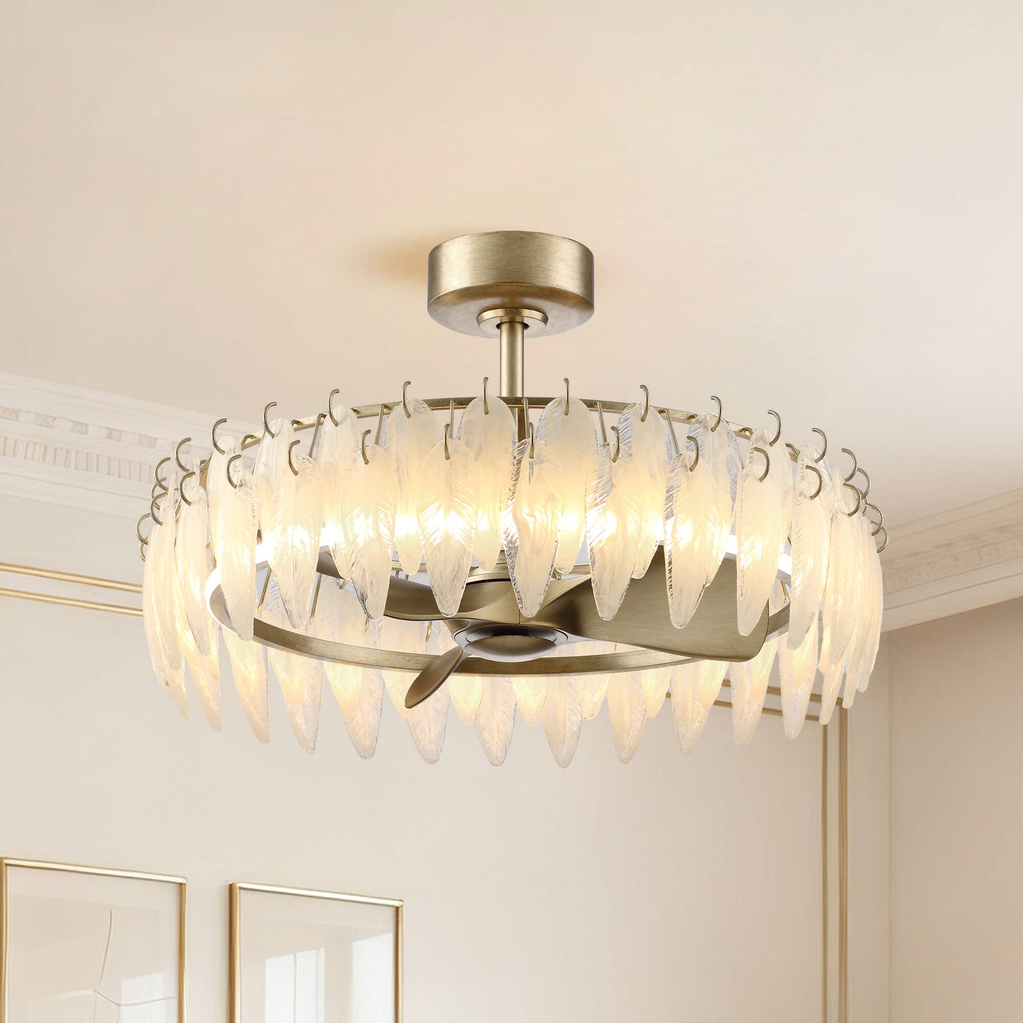 Front. Parrot Uncle - 32" French Elegant Antique silver Glass Feather LED Fandelier Ceiling Fan with Remote - Antique Silver.