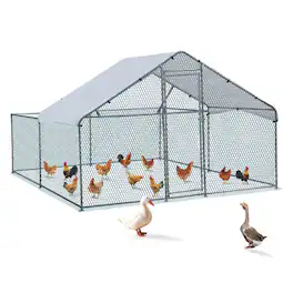 Winado - 10x9.8FT Metal Poultry Cage Top Partially Open, Walk-in Chicken Pen with Waterproof Cover for Chicken Run Garden Outdoor - Silver Frame, Green Mesh