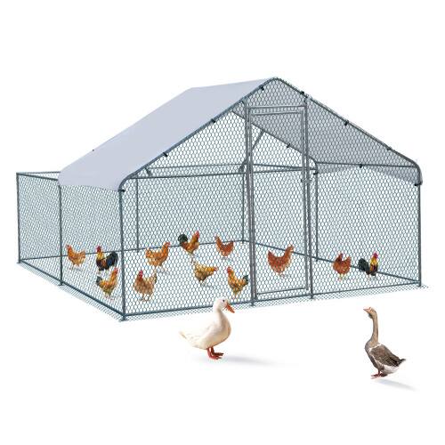 Front. Winado - 10x9.8FT Metal Poultry Cage Top Partially Open, Walk-in Chicken Pen with Waterproof Cover for Chicken Run Garden Outdoor - Silver Frame, Green Mesh.