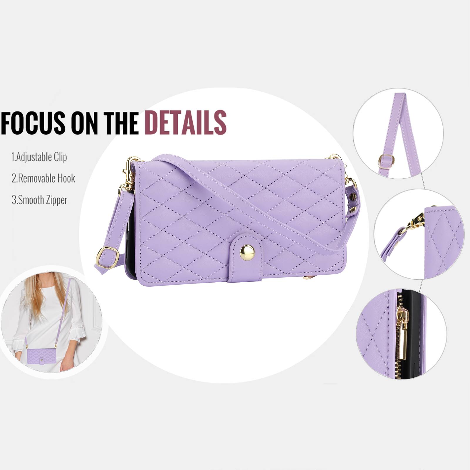 FOCUS ON THE DETAILS  
1. Adjustable Clip  
2. Removable Hook  
3. Smooth Zipper